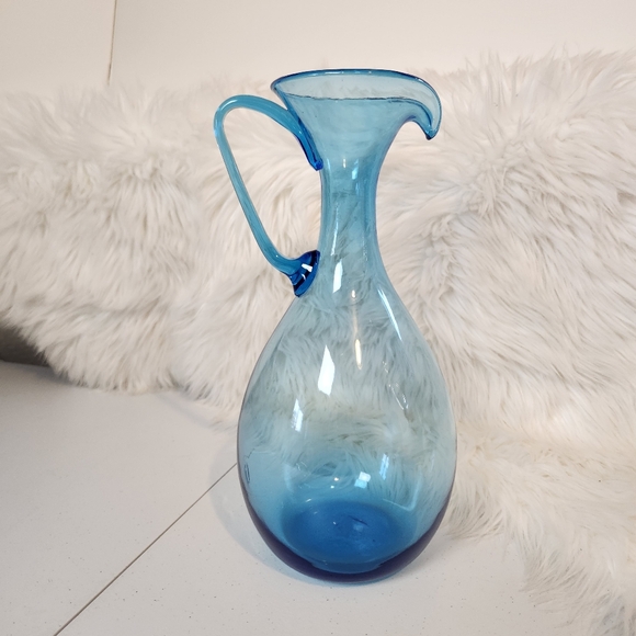 Vintage MID-CENTURY Art Glass Aqua Blue Vase Pitcher Funky Handle MCM Blenko ? - Picture 5 of 9